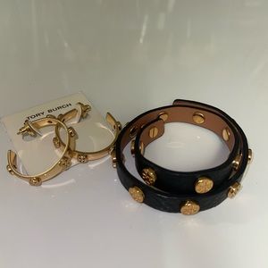 Authentic Tory Burch Black double wrap bracelet & Hoop Earrings